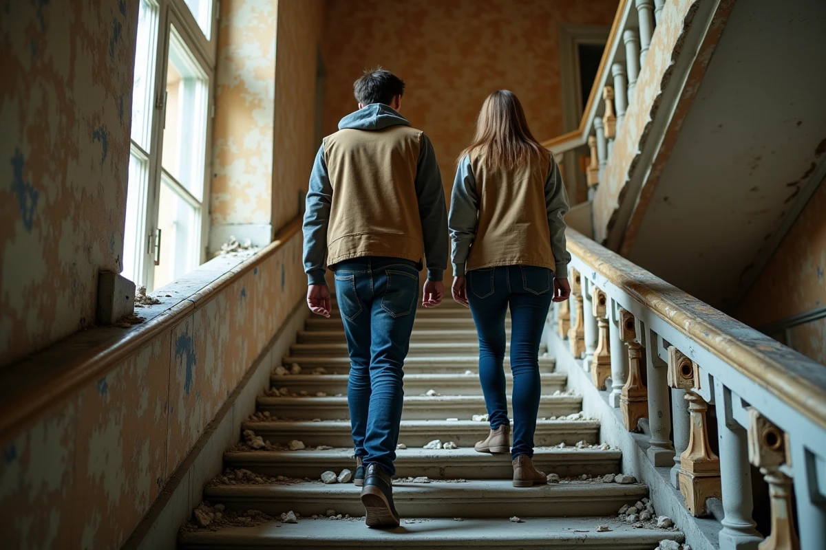 Jeune homme et femme explorant un escalier délabre dans un château