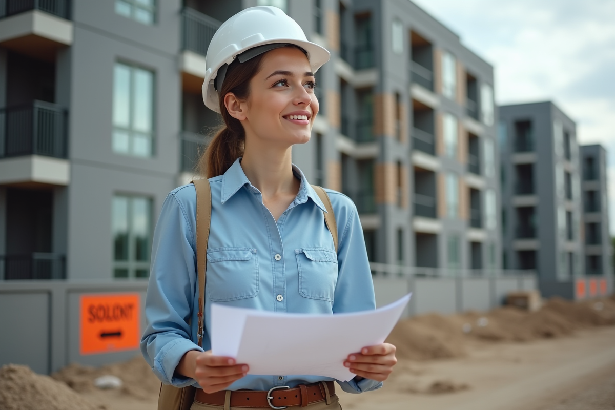 Jeune femme avec plans sur un chantier résidentiel