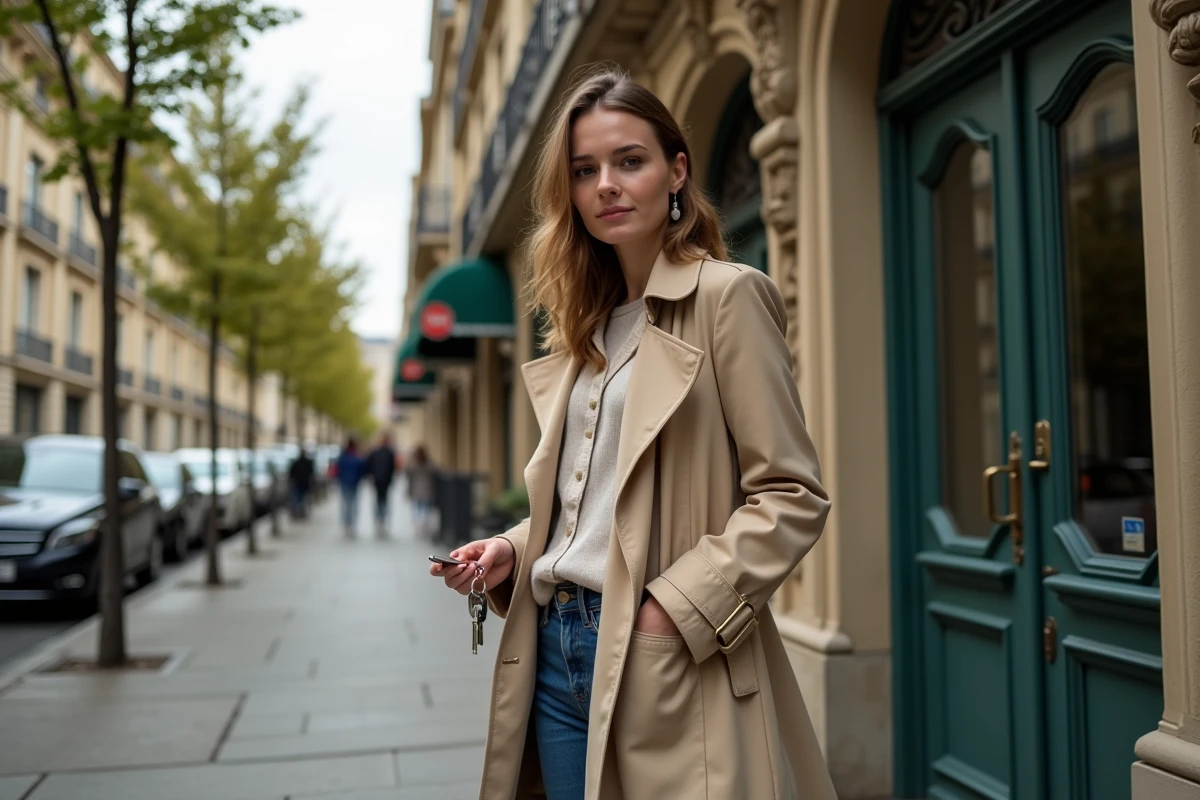 Jeune femme avec clés devant une façade parisienne ancienne