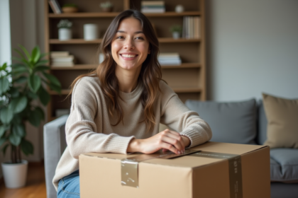 Jeune femme emballant une boxe de demenagement dans un appartement