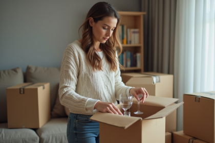 Jeune femme emballant des verres dans un intérieur organisé