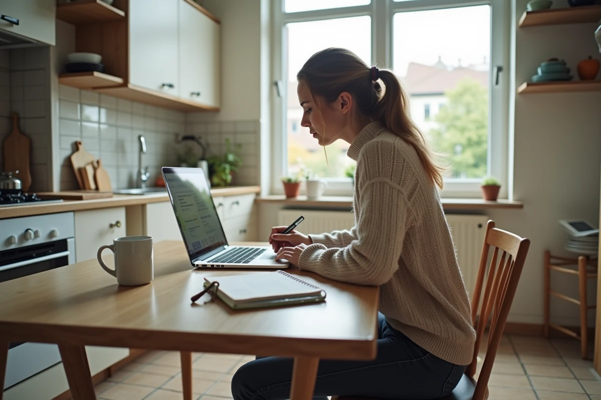 Jeune femme consulte une estimation immobilière sur son ordinateur