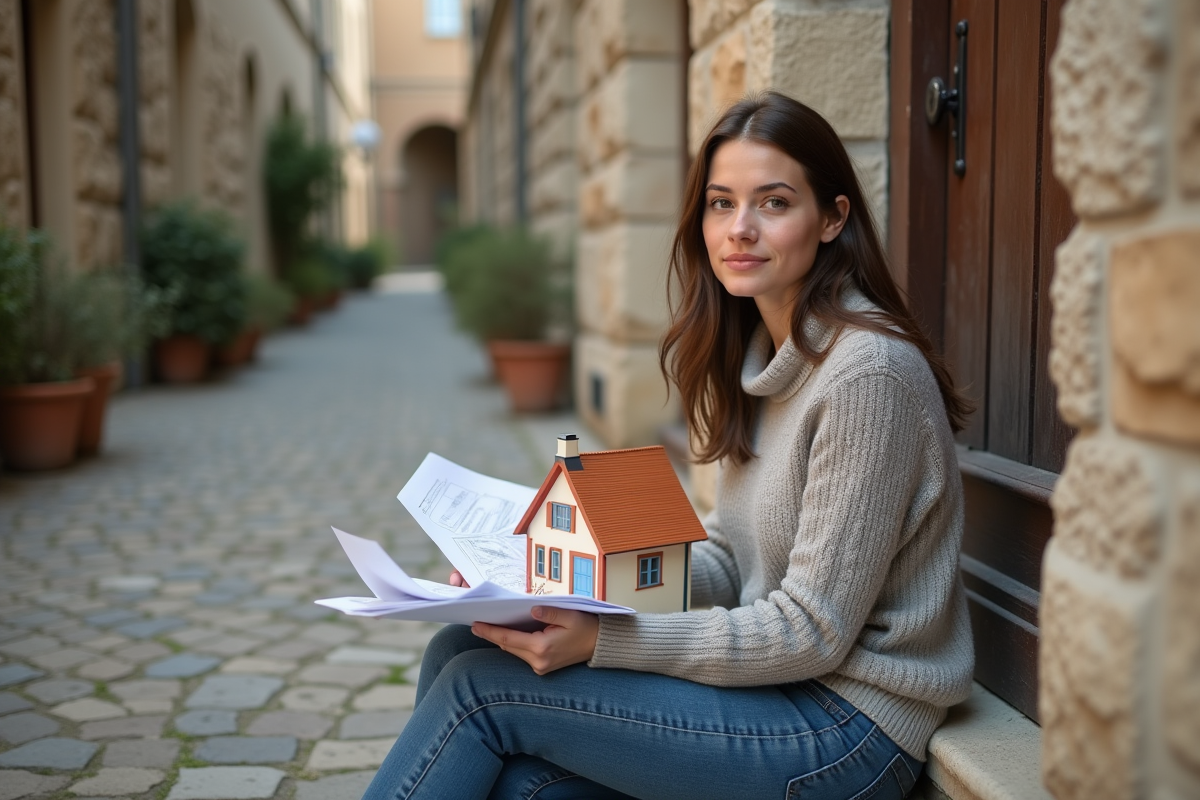 Jeune femme tenant une maquette de maison dans une cour en pierre