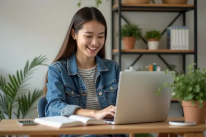 Jeune femme souriante utilisant un ordinateur dans son appartement