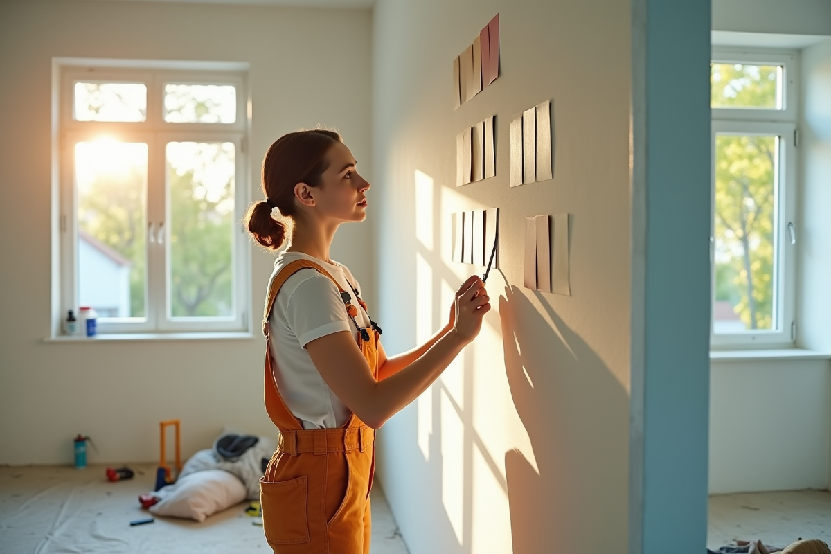 Jeune femme examinant des échantillons de peinture dans le salon