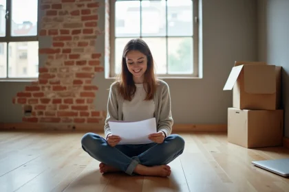 Jeune femme souriante dans un studio neuf et vide
