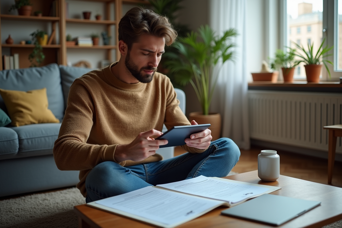 Jeune homme étudiant des papiers dans son salon urbain