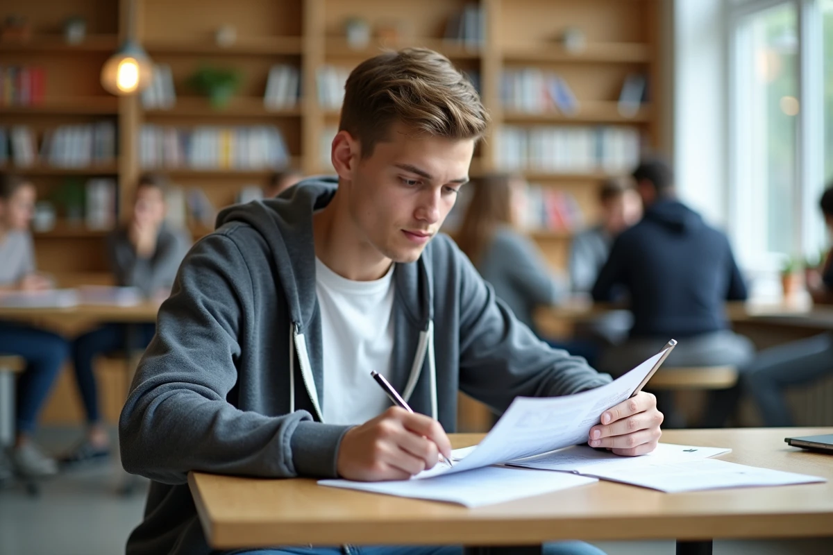 Jeune homme étudiant dans un lounge étudiant avec documents et tablette