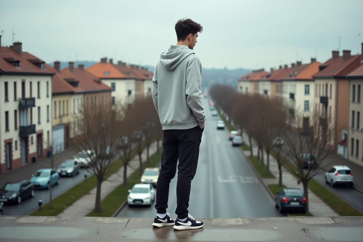 Jeune homme en hoodie sur un pont piéton dans la ville