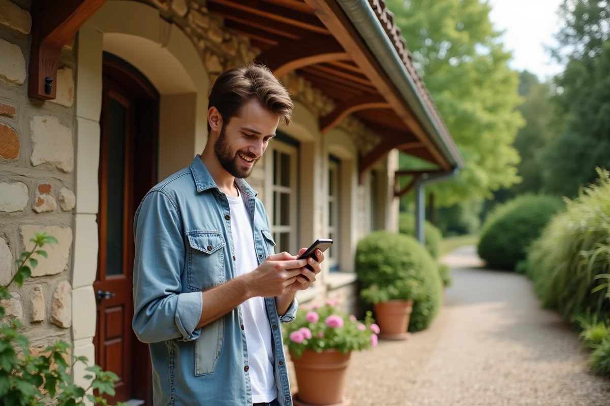 Jeune homme utilisant son smartphone devant un gîte champêtre
