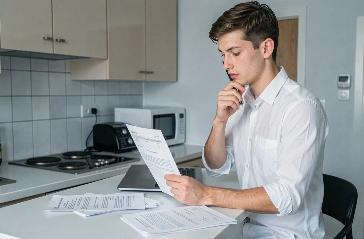 Jeune homme vérifiant sa lettre de préavis de bail étudiant dans une cuisine d'appartement meublé