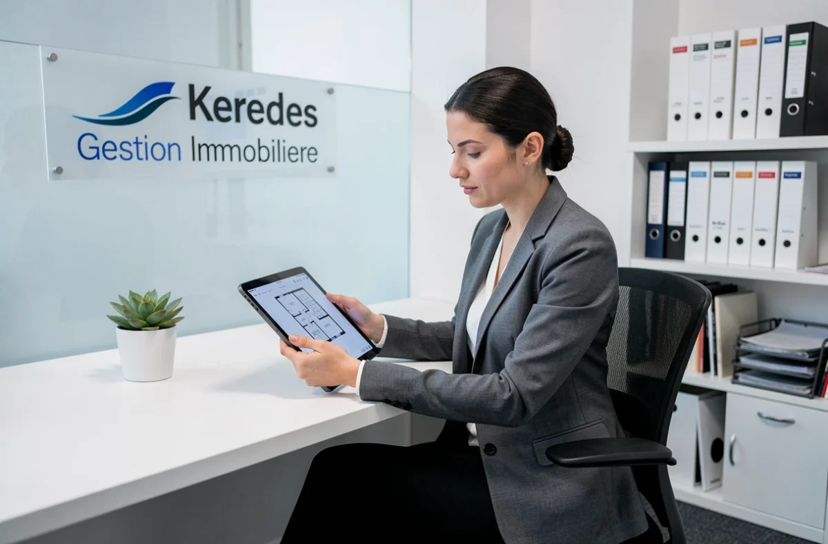 Gestionnaire immobilière de Keredes Gestion Immobiliere à son bureau consultant des plans de copropriété sur une tablette