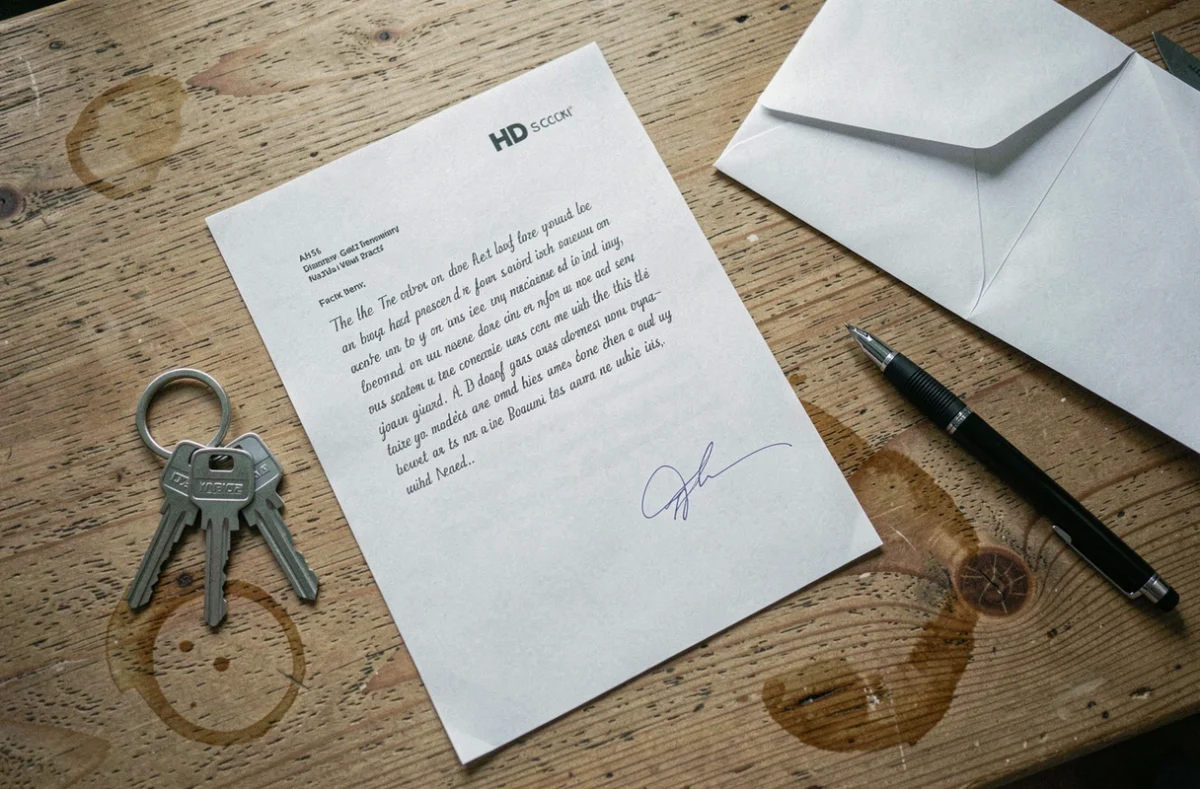 Lettre de remise des clés posée sur un bureau en bois avec un trousseau de clés et une enveloppe pour fin de colocation