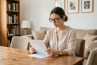 Locataire lisant un contrat d'assurance habitation dans un appartement meublé