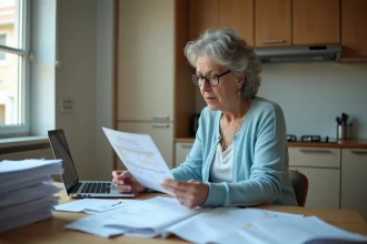 Locataire HLM vérifiant ses documents de surloyer à la table de sa cuisine