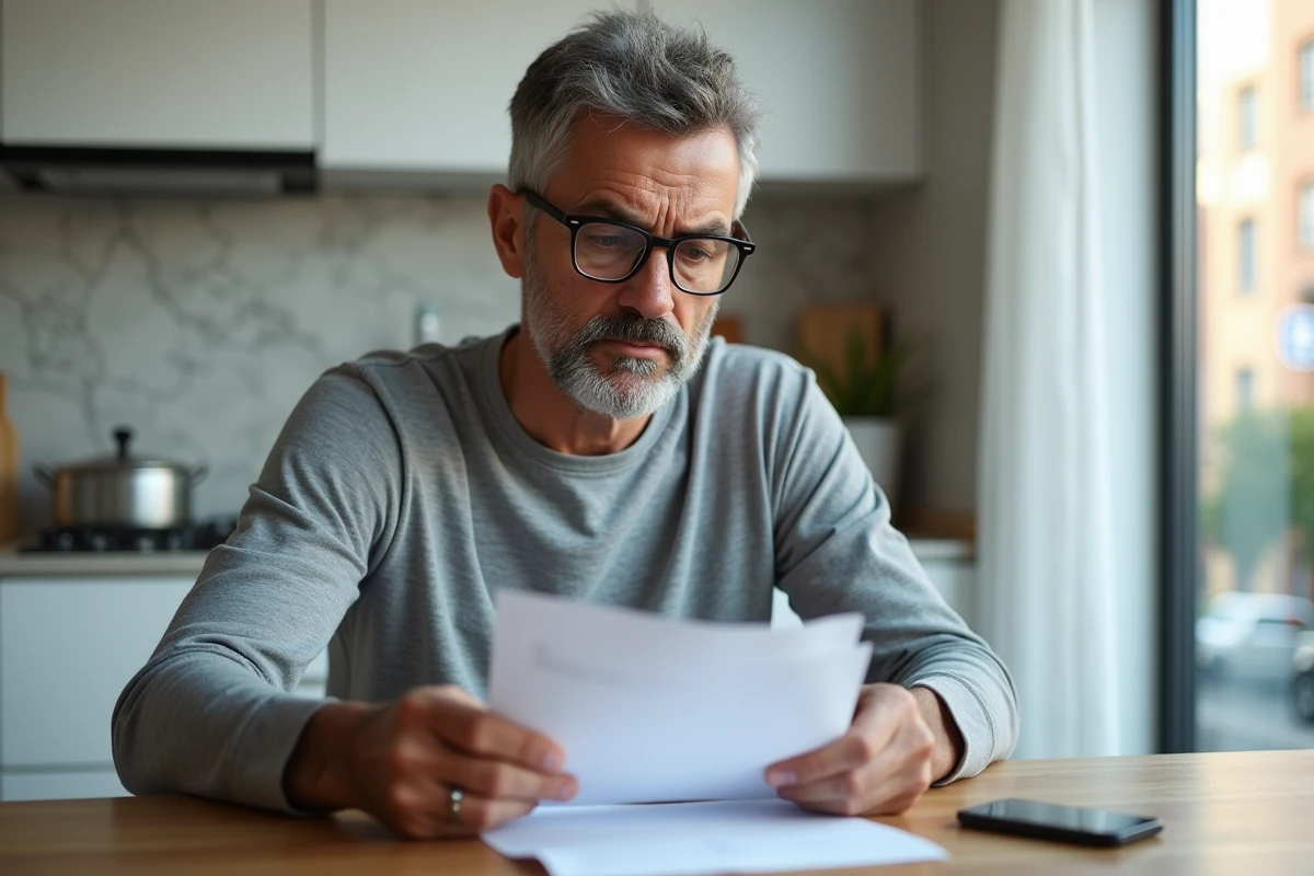 Locataire homme lisant un document juridique relatif aux droits de visite pendant le préavis de location