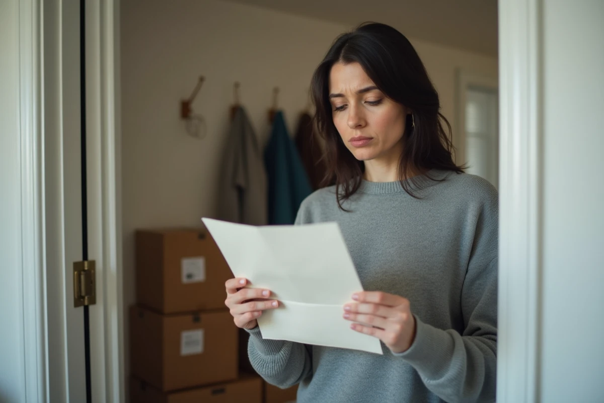 Locataire lisant une lettre de résiliation de bail dans le couloir de son appartement