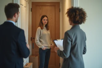 Locataire tenant sa porte entrouverte face à un agent immobilier pendant la période de préavis