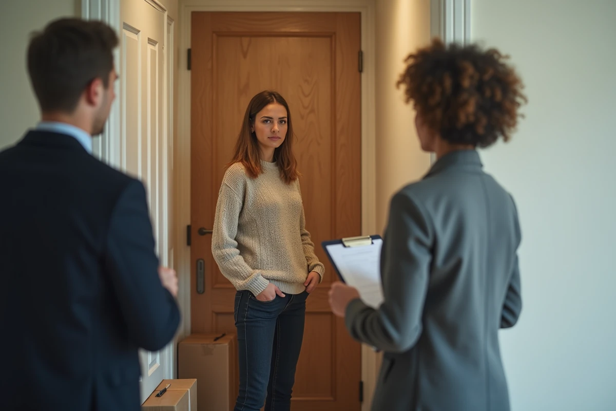 Locataire tenant sa porte entrouverte face à un agent immobilier pendant la période de préavis