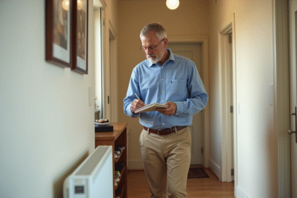 Propriétaire examinant un radiateur qui fuit dans un couloir lumineux
