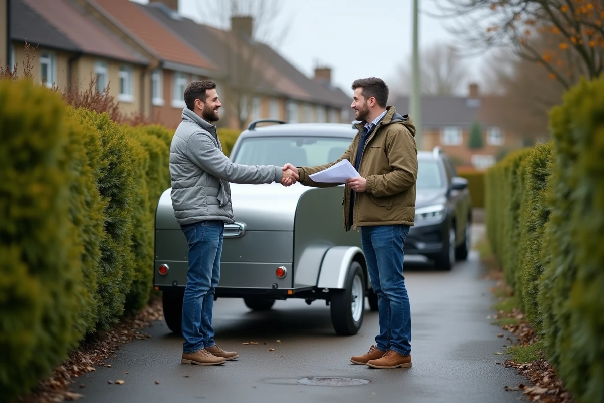 Deux particuliers finalisant une location de remorque avec contrat LOC SERVICE dans une rue résidentielle