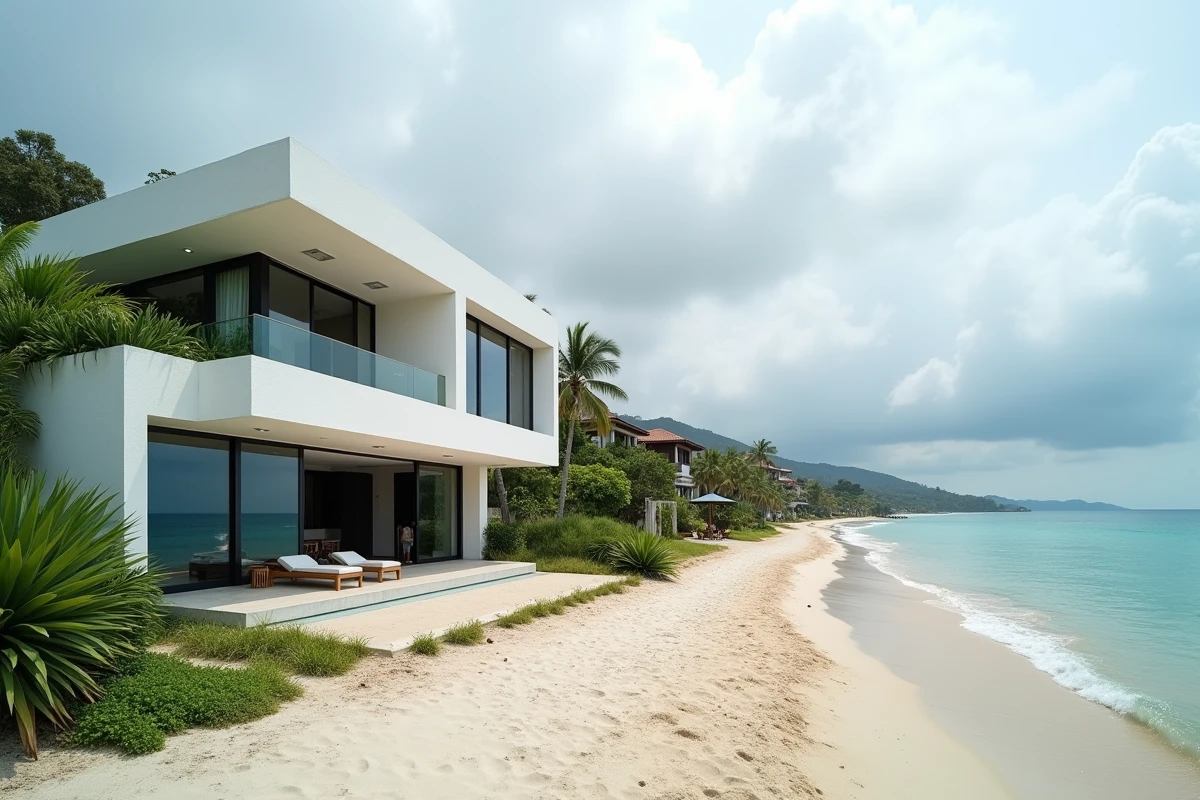 Maison moderne en bord de mer à Phuket avec accès direct à la plage et risques d'érosion côtière visibles
