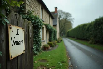 Maison normande en pierre à vendre sans agence avec panneau fait main sur portail en bois dans la Manche