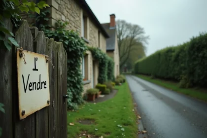 Maison normande en pierre à vendre sans agence avec panneau fait main sur portail en bois dans la Manche
