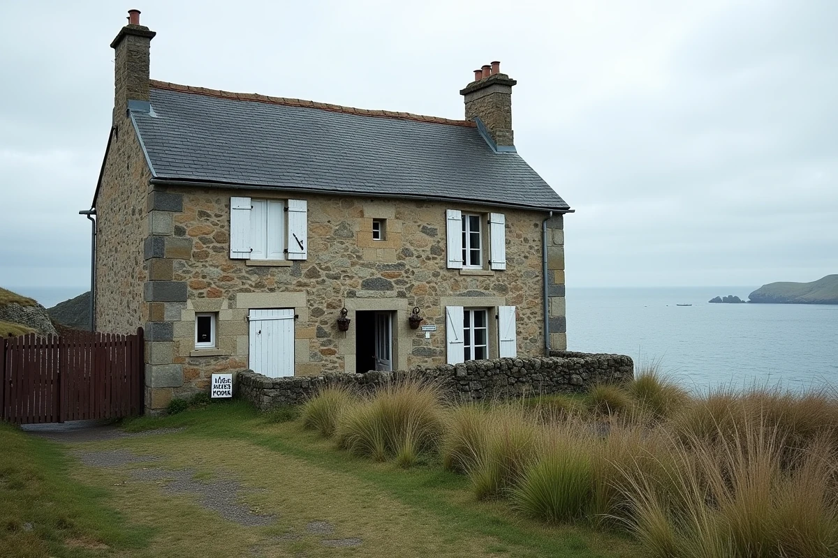 Maison normande à vendre en bord de mer avec vue sur la Manche, panneau À Vendre et falaises herbeuses au premier plan