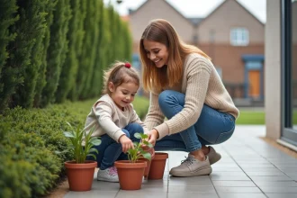 Maman et fille arrosant des plantes sur la terrasse