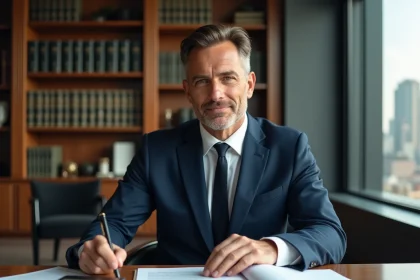 Professionnel de l'immobilier analysant des documents fiscaux liés à la TVA et aux droits d'enregistrement dans un bureau de notaire