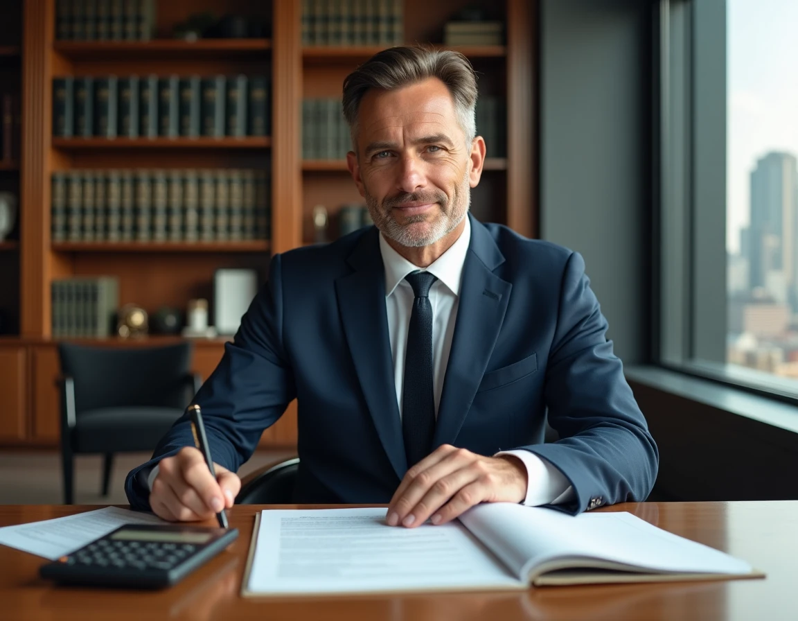 Professionnel de l'immobilier analysant des documents fiscaux liés à la TVA et aux droits d'enregistrement dans un bureau de notaire