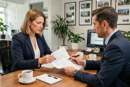 Femme négociant un contrat de location-vente immobilière avec un agent immobilier dans un bureau moderne