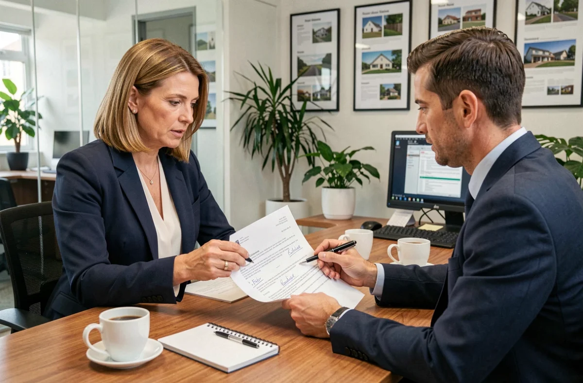 Femme négociant un contrat de location-vente immobilière avec un agent immobilier dans un bureau moderne