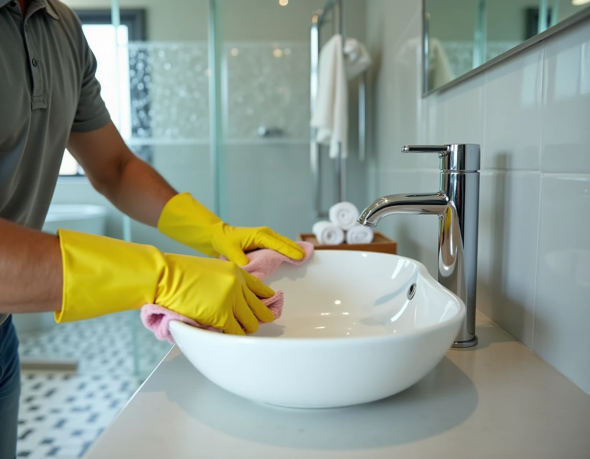 Professionnel de nettoyage récurant une salle de bain moderne dans un logement Airbnb entre deux locations