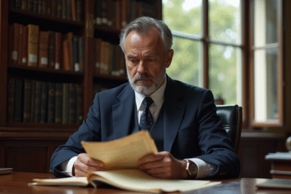 Notaire homme en costume examinant des documents anciens