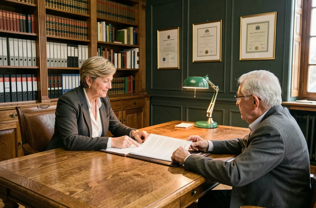 Notaire expliquant les clauses d'assurance habitation à un couple d'usufruitiers dans un cabinet notarial
