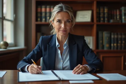 Notaire femme en costume navy examine documents immobiliers