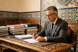 Notaire marocain examinant des documents de vente immobilière dans un bureau traditionnel de Marrakech aux murs en zellige