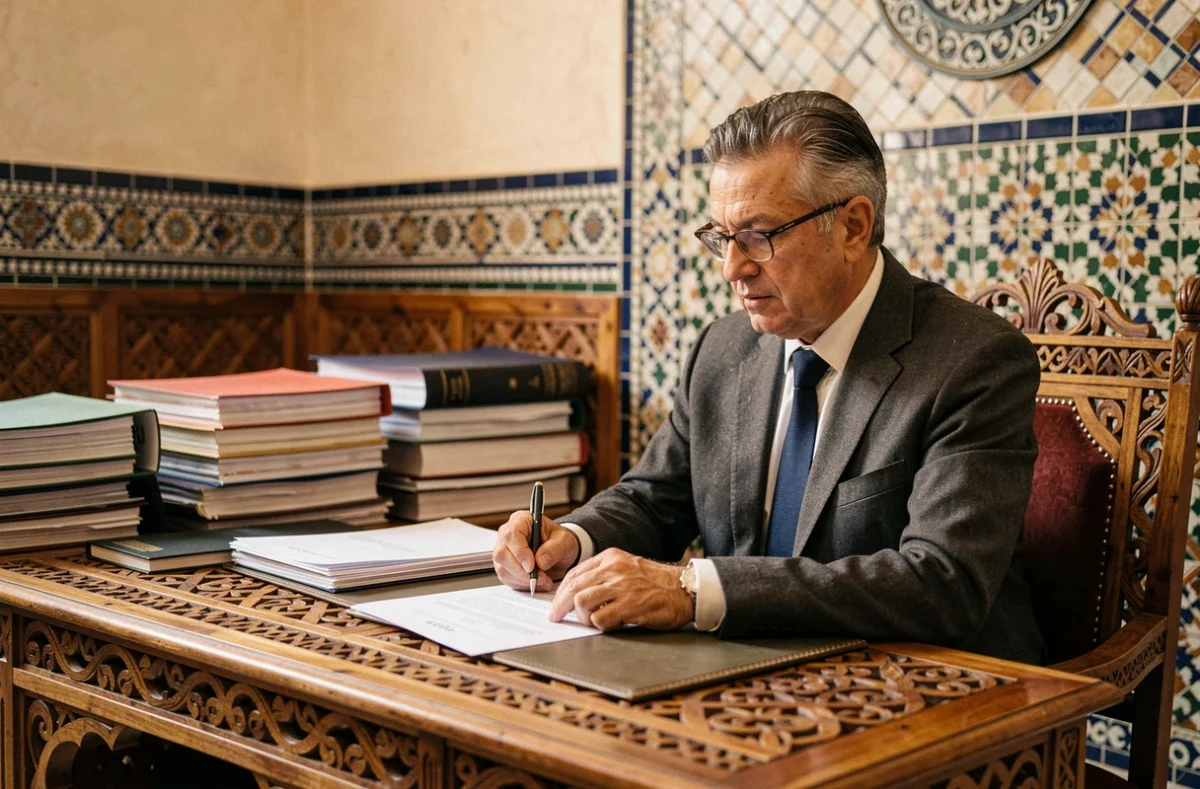 Notaire marocain examinant des documents de vente immobilière dans un bureau traditionnel de Marrakech aux murs en zellige