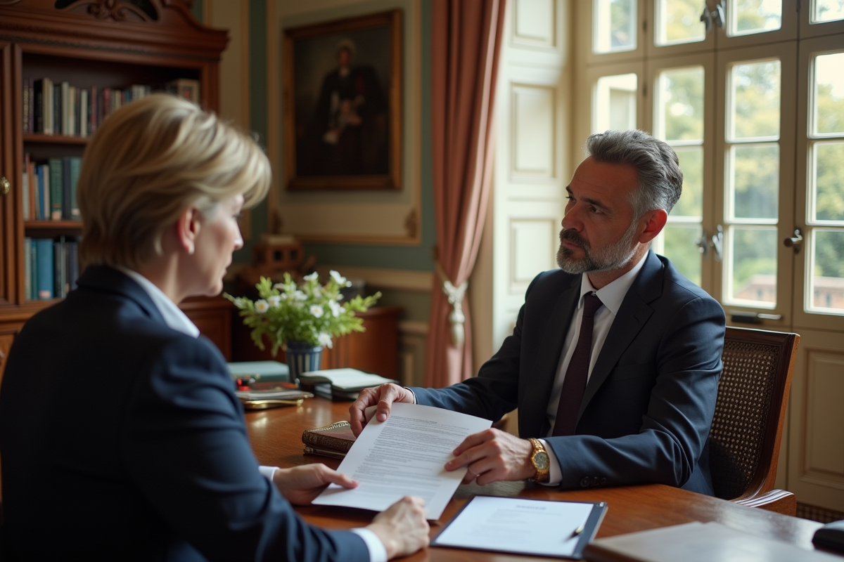 Notaire français remettant documents à un client dans un bureau élégant