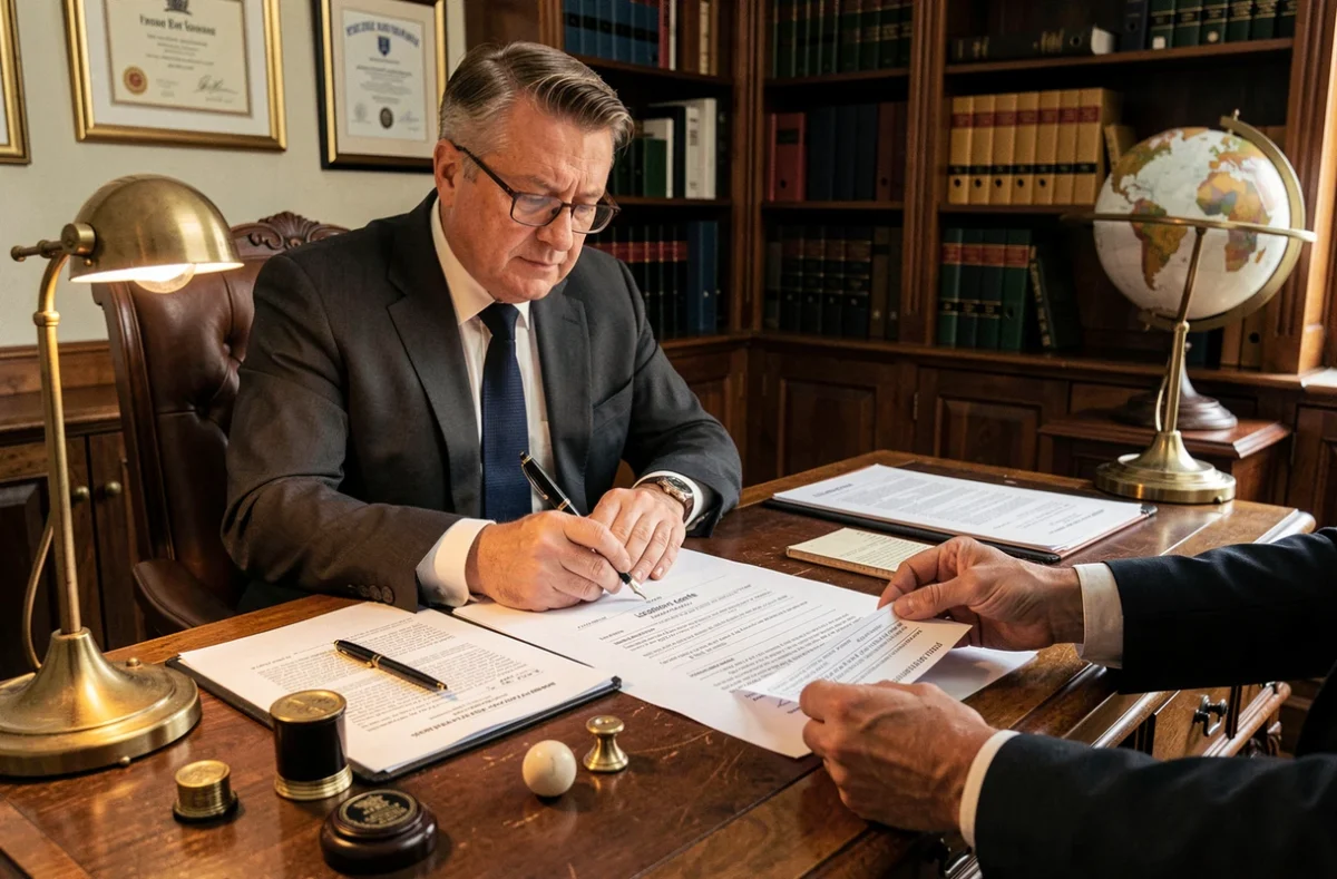 Notaire annotant un contrat de location-vente immobilier dans un bureau officiel traditionnel