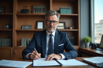 Homme professionnel signant des documents dans un bureau notarial