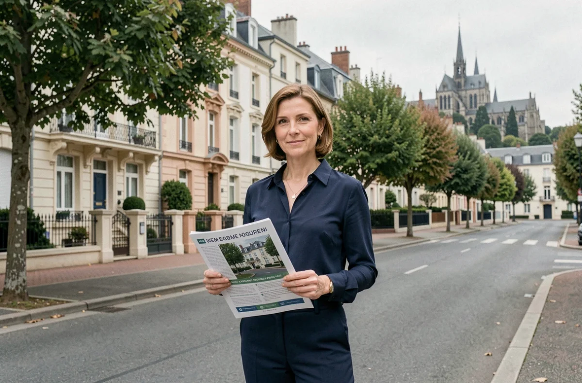 Agente Orpi Chamalières dans une rue résidentielle de Chamalières avec les villas de la commune et la cathédrale de Clermont en horizon