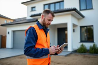 Ouvrier construction inspectant facade maison moderne