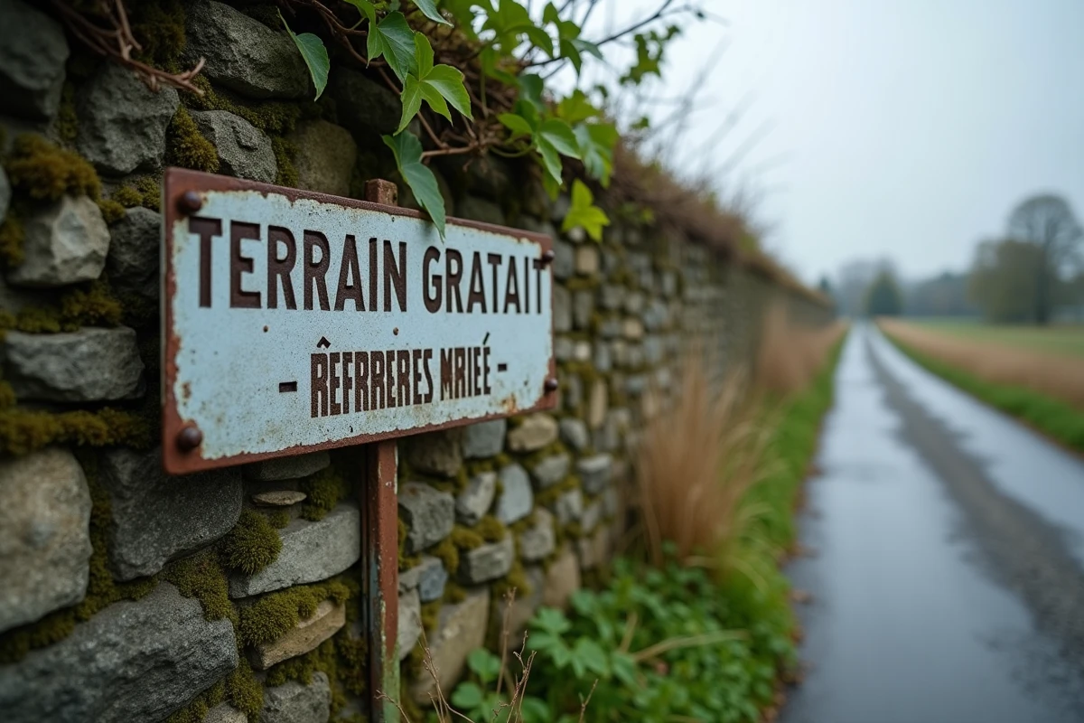 Panneau métallique rouillé annonçant un terrain gratuit à récupérer fixé sur un vieux mur en pierre au bord d'une route de campagne française