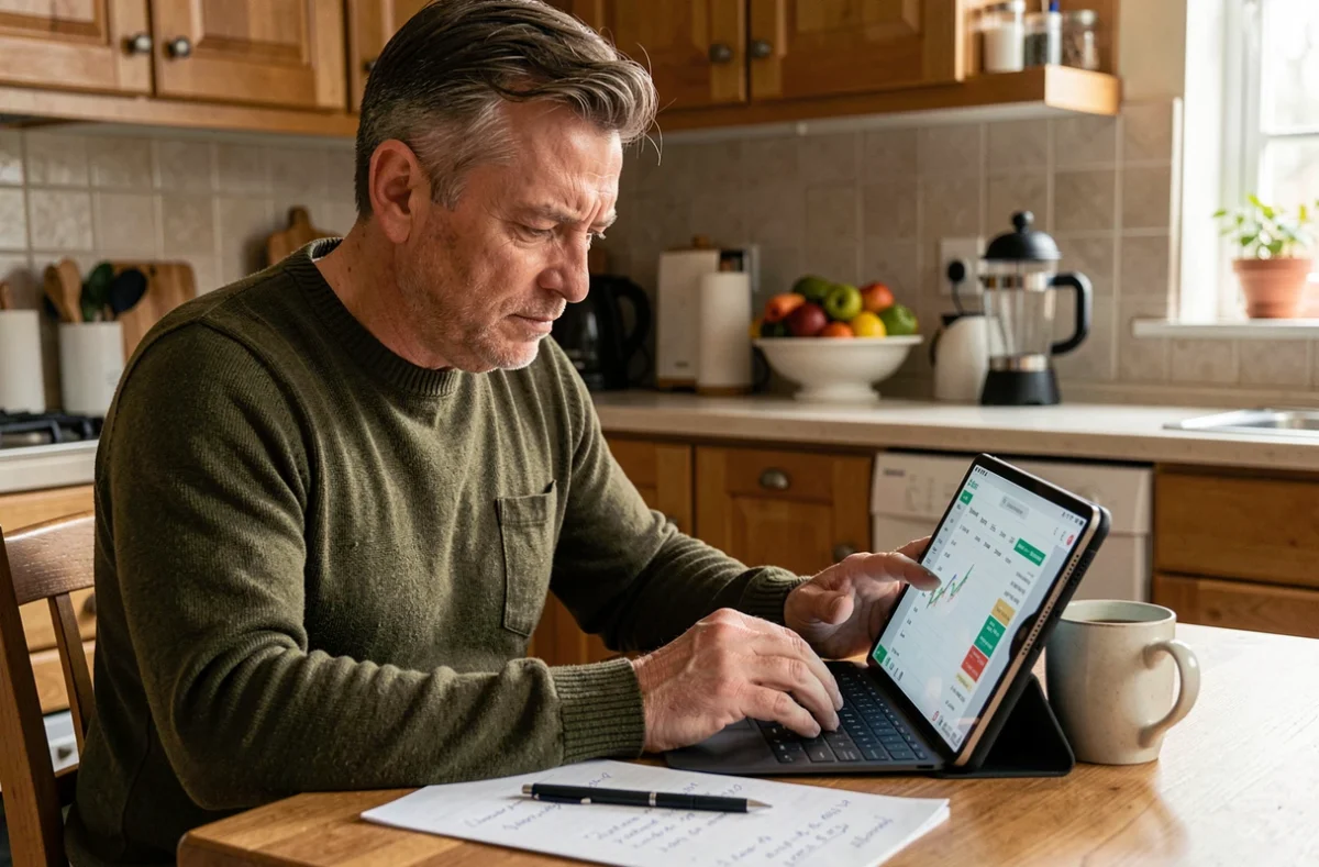 Un particulier consulte un simulateur de rentabilité en ligne sur une tablette à la maison pour détecter les mauvais deals cachés