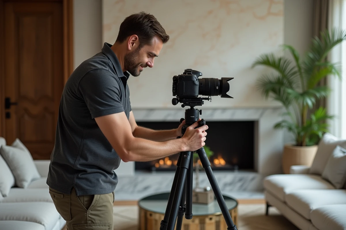 Photographe professionnel installant une caméra 360 degrés sur trépied dans un salon de luxe pour une visite virtuelle immobilière