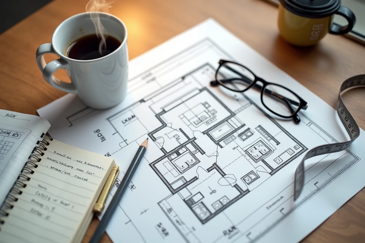 Vue de dessus d'un plan architectural de chambre avec mètre ruban et calculs manuscrits sur la surface minimum légale selon la loi Carrez