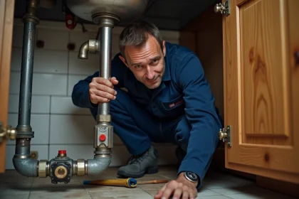 Plombier inspectant une fuite d'eau sous l'évier d'un appartement locatif, tuyaux et compteur d'eau visibles